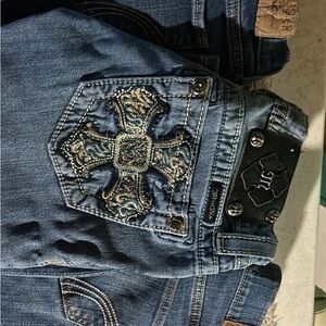 Embroidered Blue Jeans with Cross Design
